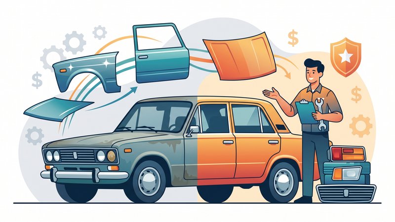 Современная иллюстрация кузовных запчастей Lada для статьи об экономии при ремонте автомобиля