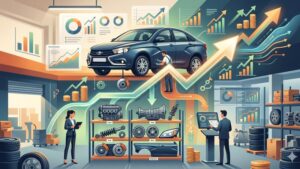 Современная иллюстрация рынка запчастей Lada с акцентом на выгоду покупки бэушных деталей